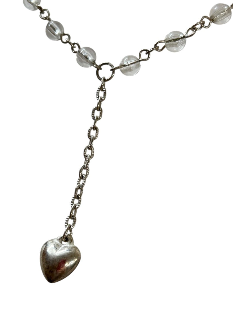 Silvertone 16 Inch Necklace 2" Drop Heart Crystals Lobster Clasp