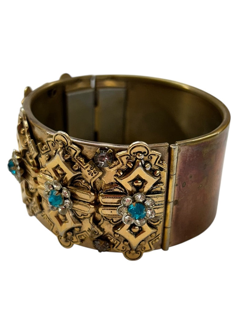Vintage Cuff Bangle Bracelet Hinged Aquamarine Ornate