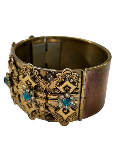 Vintage Cuff Bangle Bracelet Hinged Aquamarine Ornate