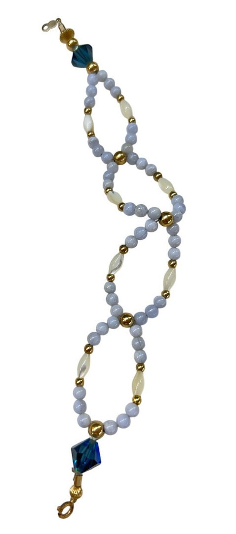 Blue Goldtone Shaped Beaded Bracelet 8.5 Inch Spring Clasp