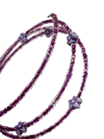 Delicate Beaded Wire Bracelet Adjustable Purple Flowers