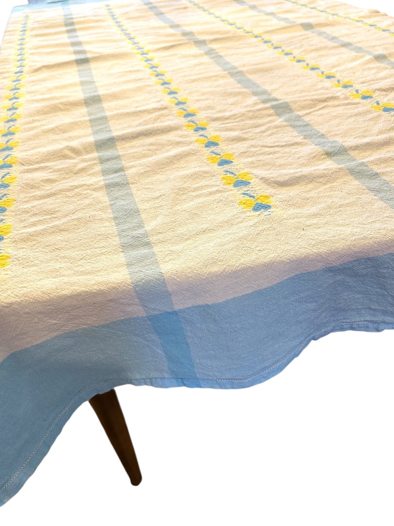 Vintage Tablecloth Linen Blue Yellow Embroidered 48 x 66 Inch Table Linen