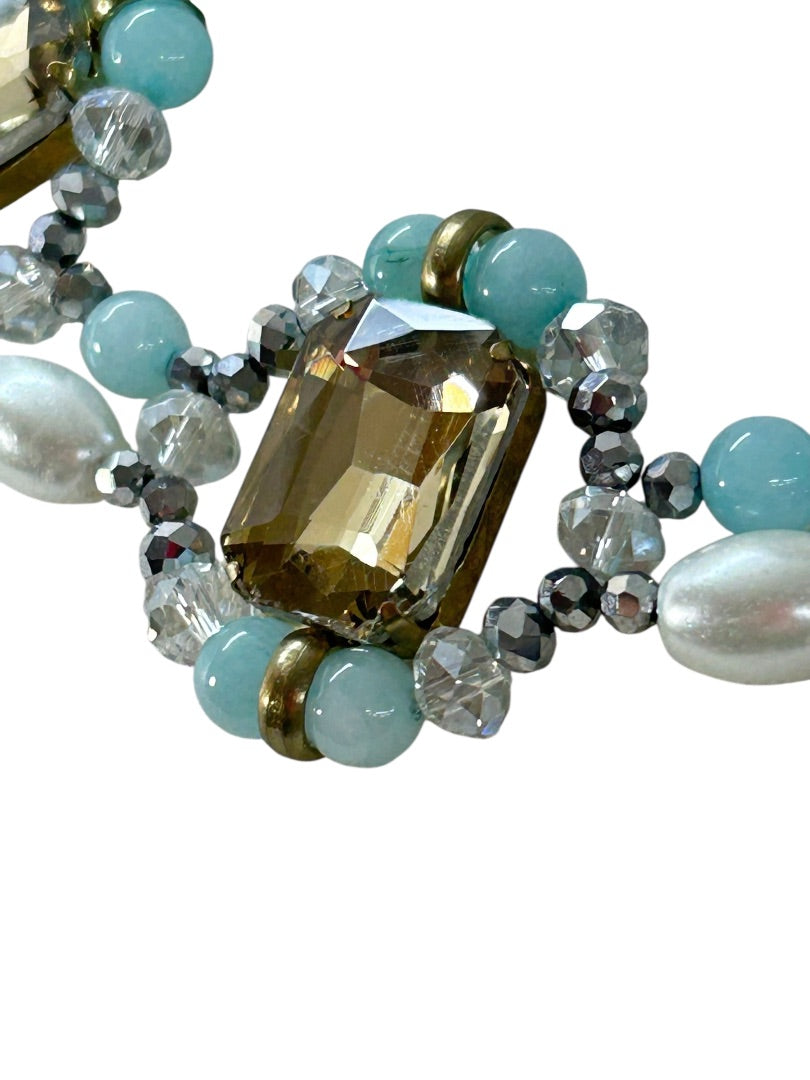 Goldtone Blue Statement Necklace 16-18 Inch Lobster Clasp Faux Pearl