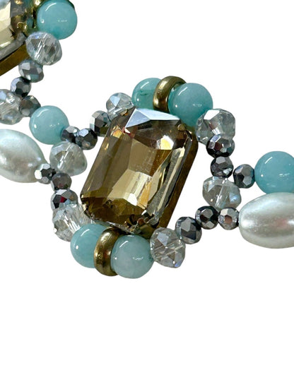 Goldtone Blue Statement Necklace 16-18 Inch Lobster Clasp Faux Pearl