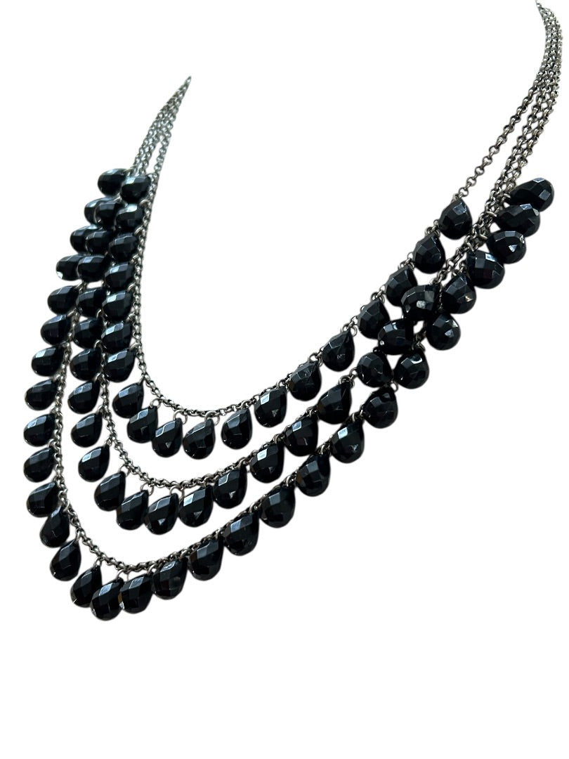 Black and Silvertone 3 Strand Tiered Necklace 20-22 Inch 2.5" Drop