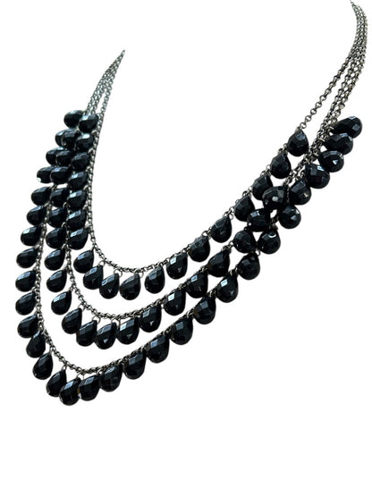 Black and Silvertone 3 Strand Tiered Necklace 20-22 Inch 2.5" Drop