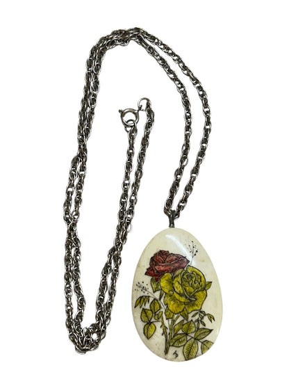 Vintage Silvertone Pendant Necklace Rose Yellow Red 23 Inch Spring Clasp