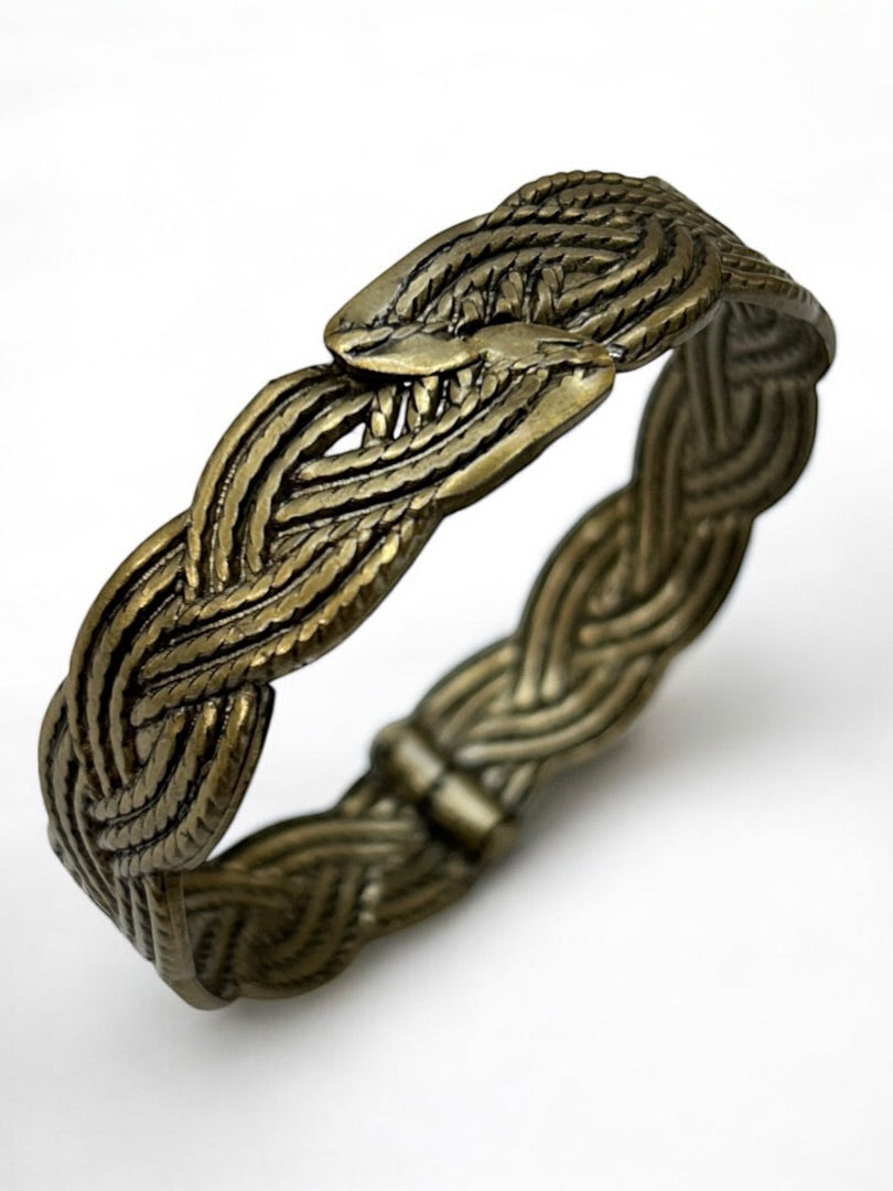 Antiqued Goldtone Hinged Bangle Bracelet Braid Design 2.25" Inside Diameter