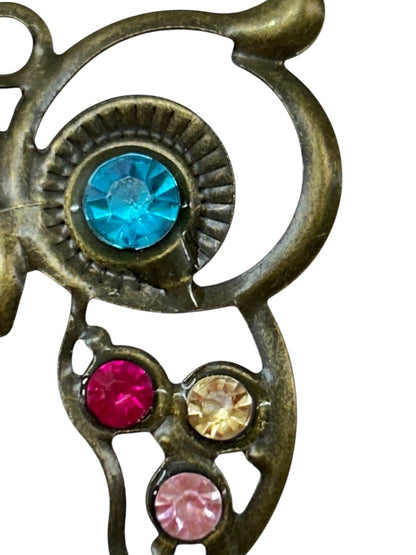 Open Pendant Owl Goldtone Multicolor 2 Inch Teal Red Pink Yellow