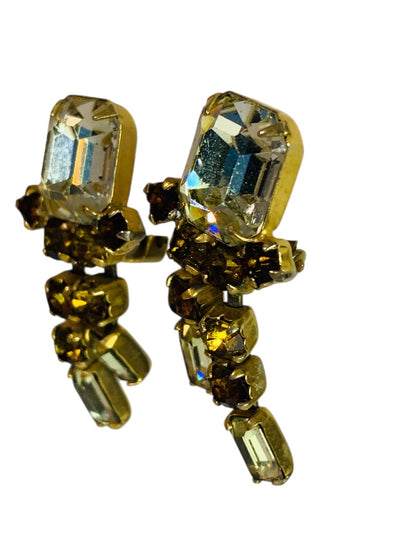 Signed Weiss Amber Crystal Earrings Non-Pierced Clip On 1.25 Inch Drop Vintage
