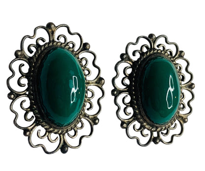Vintage Clip On Screwback Earrings Green Silvertone Filigree 1.1 Inch
