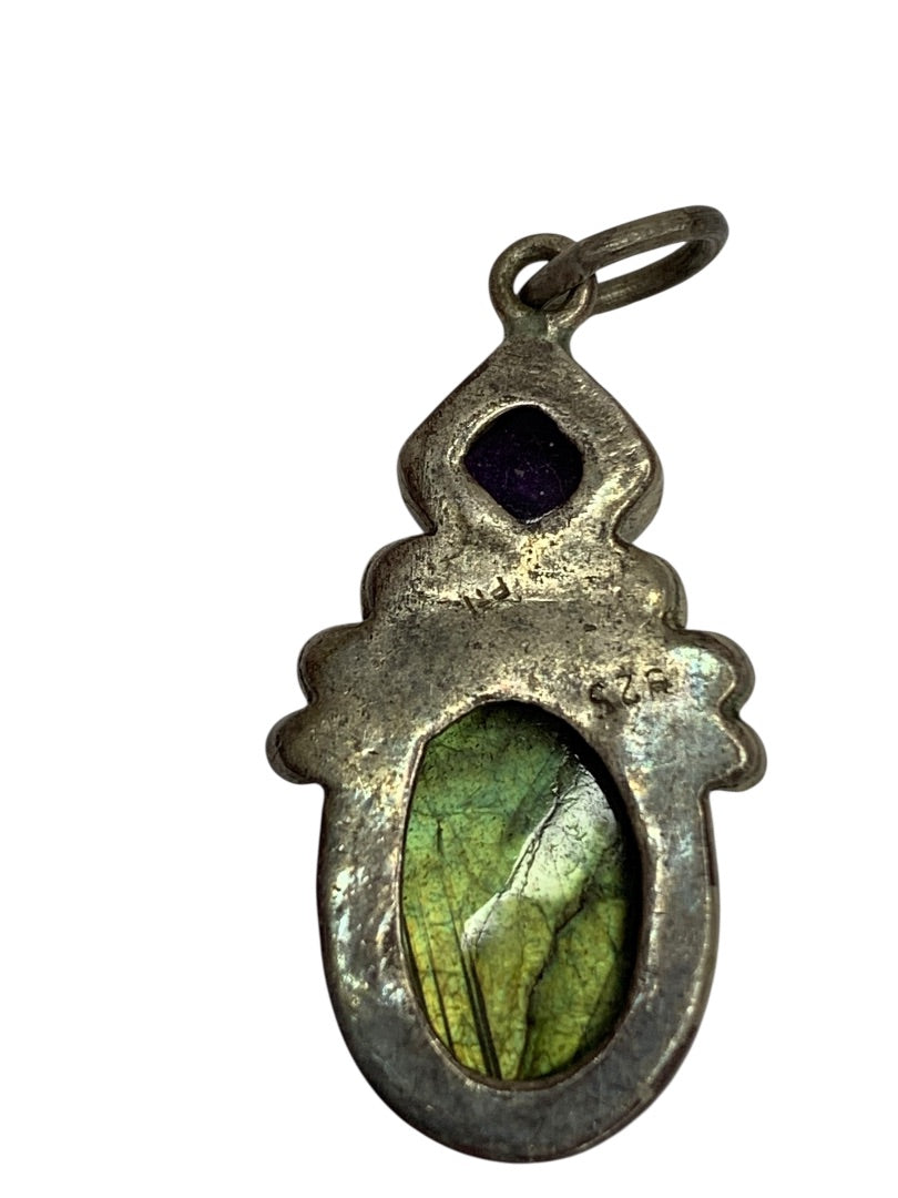 Vintage Pendant Silvertone and Green Purple 1.25 Inch Drop