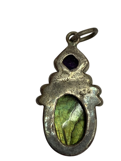 Vintage Pendant Silvertone and Green Purple 1.25 Inch Drop