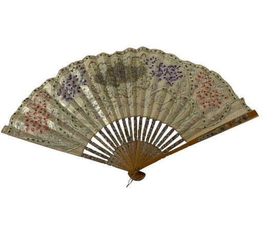 Vintage 9 Inch Hand Fan Asian Ornate Bamboo Ribs Painted Decor