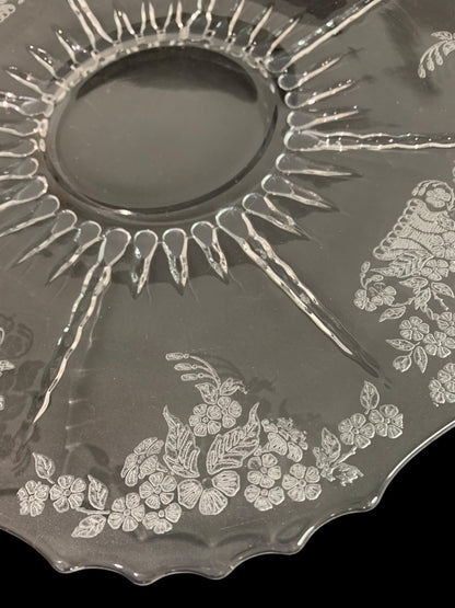 New Martinsville Flower Basket Clear Glass Etched Vintage Platter 12 Inch