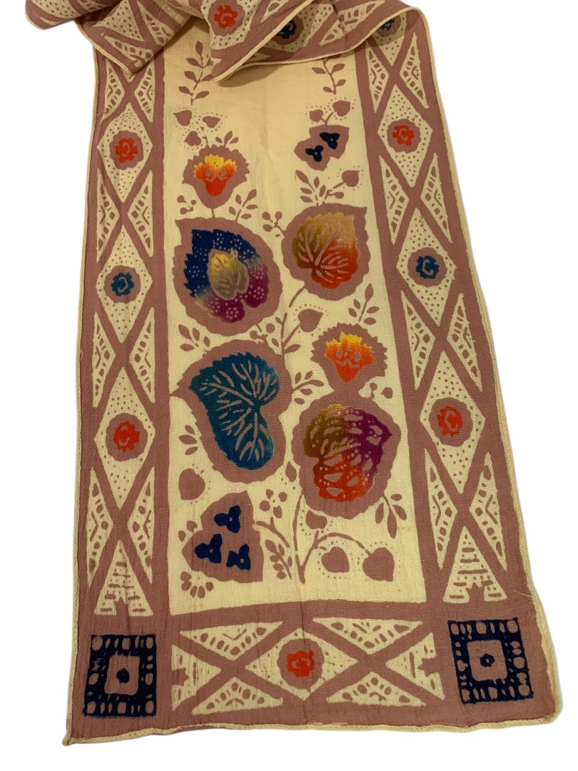 Vintage Linen Blend Boho Scarf Leaf Print 40 x 10 Inch