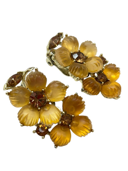 Vintage Signed Lisner Clip On Earrings Acrylic Amber Floral 1.5" Drop