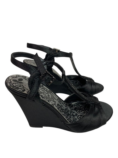 Size 6 Kenneth Cole Reaction Black Satin Embellished 4" Wedge Heel Shoes