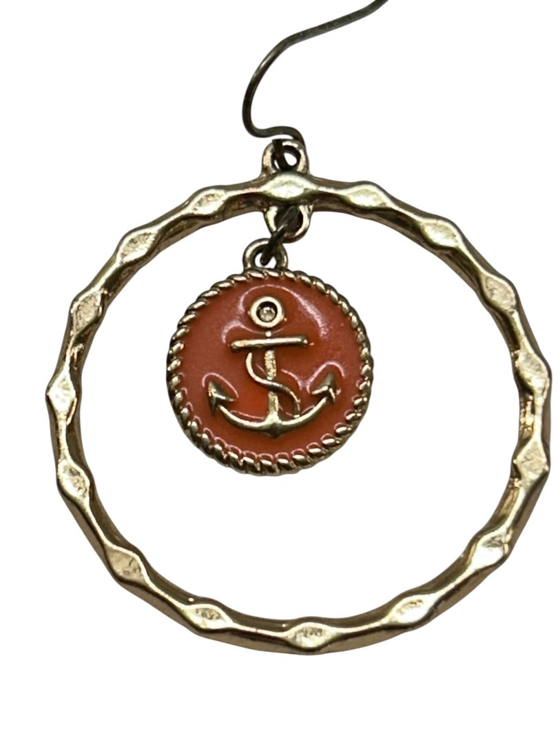 Goldtone Fishhook Pierced Earrings Nautical Anchor Enameled. 1.75" Drop