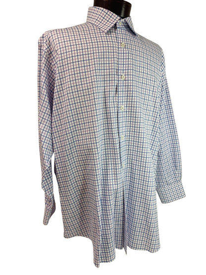 17.5 (32/33) David Donahue Mens Button Up Dress Shirt Windowpane Blue Purple