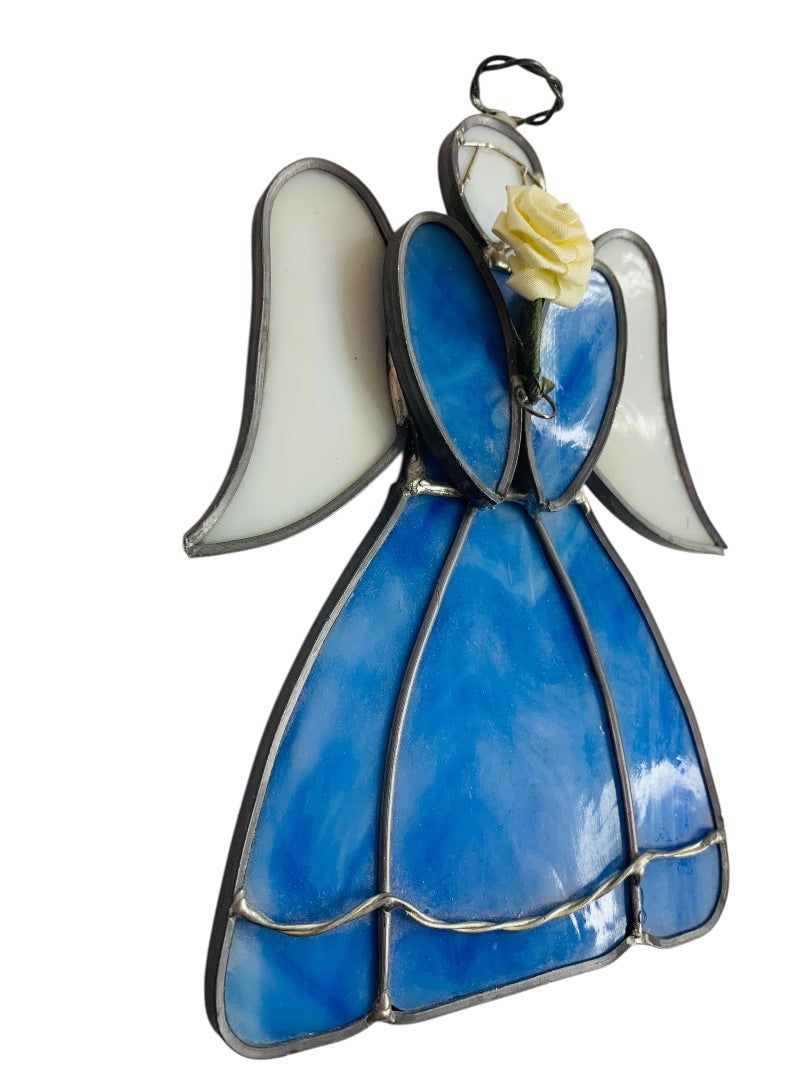 Vintage Stained Glass Angel 6.75 Inch Blue White Hanging
