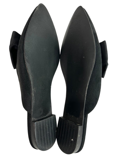 Size 7.5 Womens Faux Suede Black Slip On Shoes Grosgrain Bow Flats
