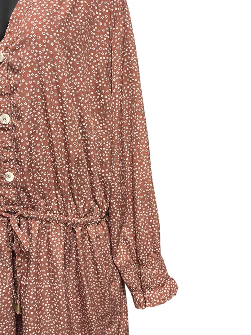 3X Indulge Floral Long Sleeve Tie Waist  Dress Brown Retro