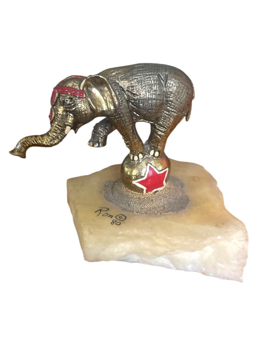 1980 Ron Lee Sculpture Circus Elephant on Ball Quartz Signed Goldtone