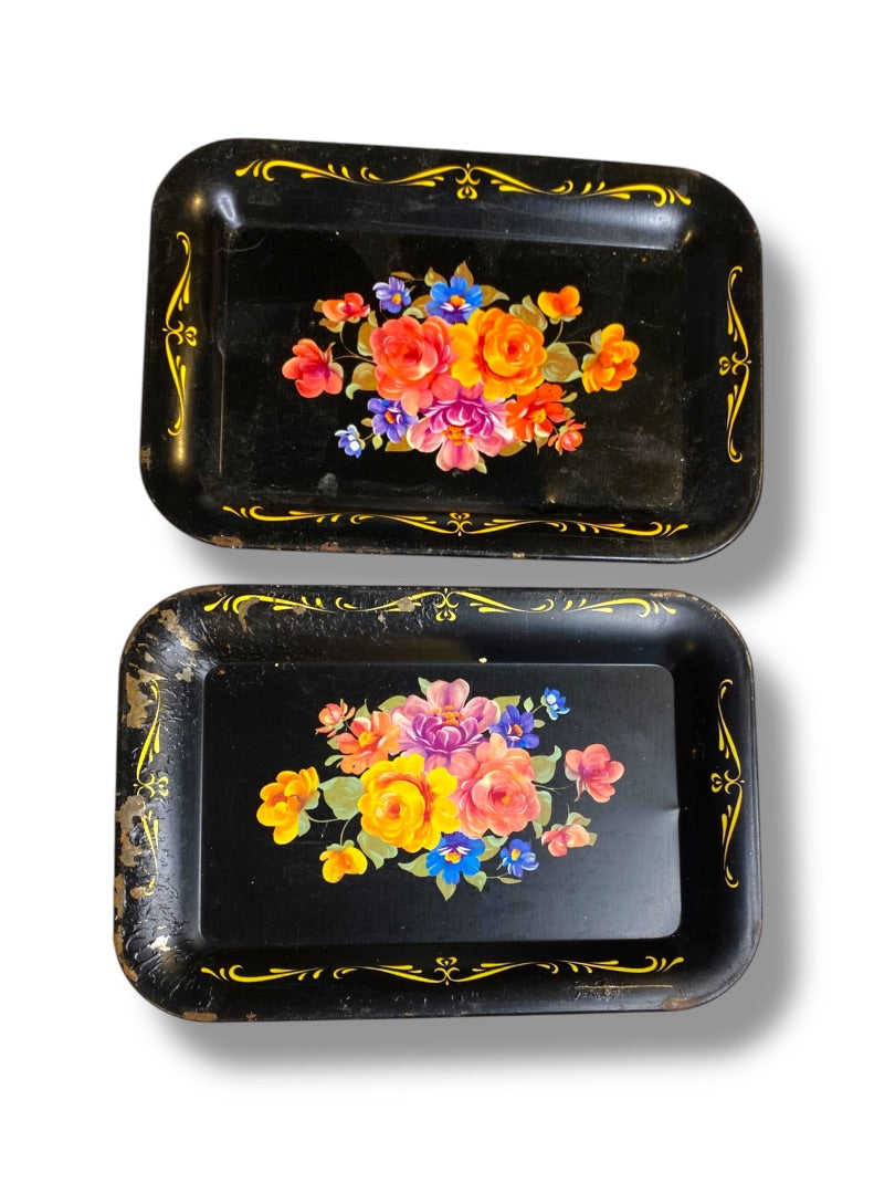 Set of 2 Vintage Toleware Small Metal Bar Trays 6.75" x 4.75" Floral Black