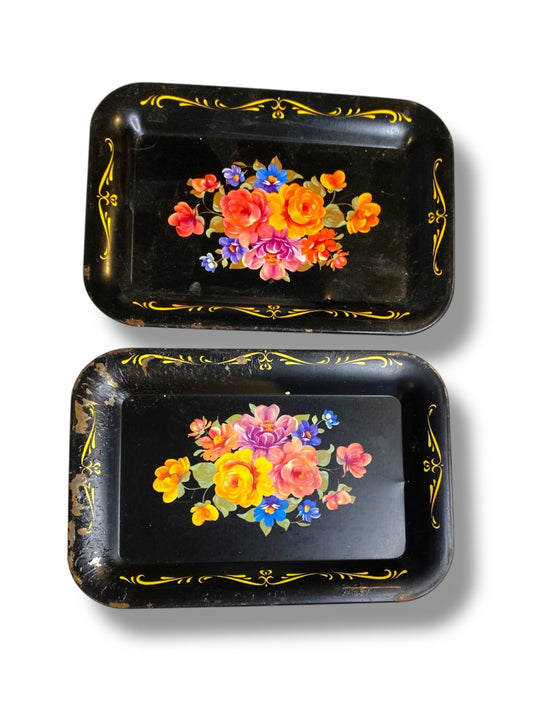 Set of 2 Vintage Toleware Small Metal Bar Trays 6.75" x 4.75" Floral Black