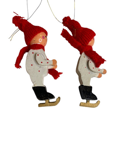 Vintage Wooden Christmas Holiday Ornaments Ice Skaters 3"