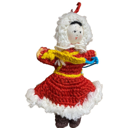 Vintage Amigurumi Japanese Crochet Winter Doll 3.25" Silk Face Red