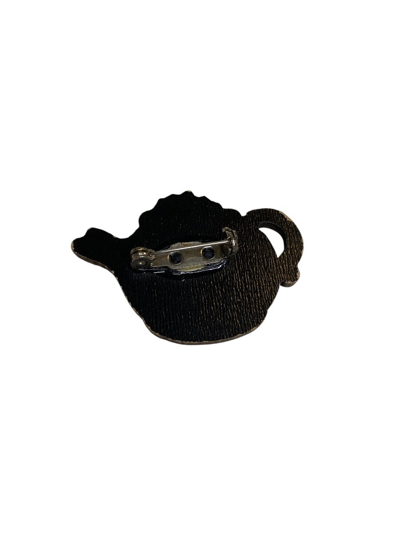 Wooden Teapot Pin Brooch Holiday Holly Christmas 1.75"
