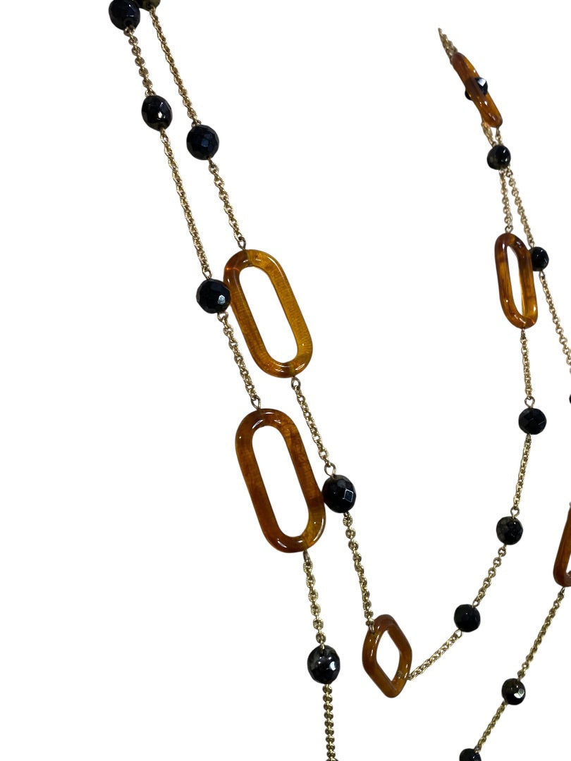 Goldtone Amber Color Black Beaded Necklace Long 70" Lobster Clasp