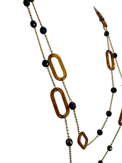 Goldtone Amber Color Black Beaded Necklace Long 70" Lobster Clasp