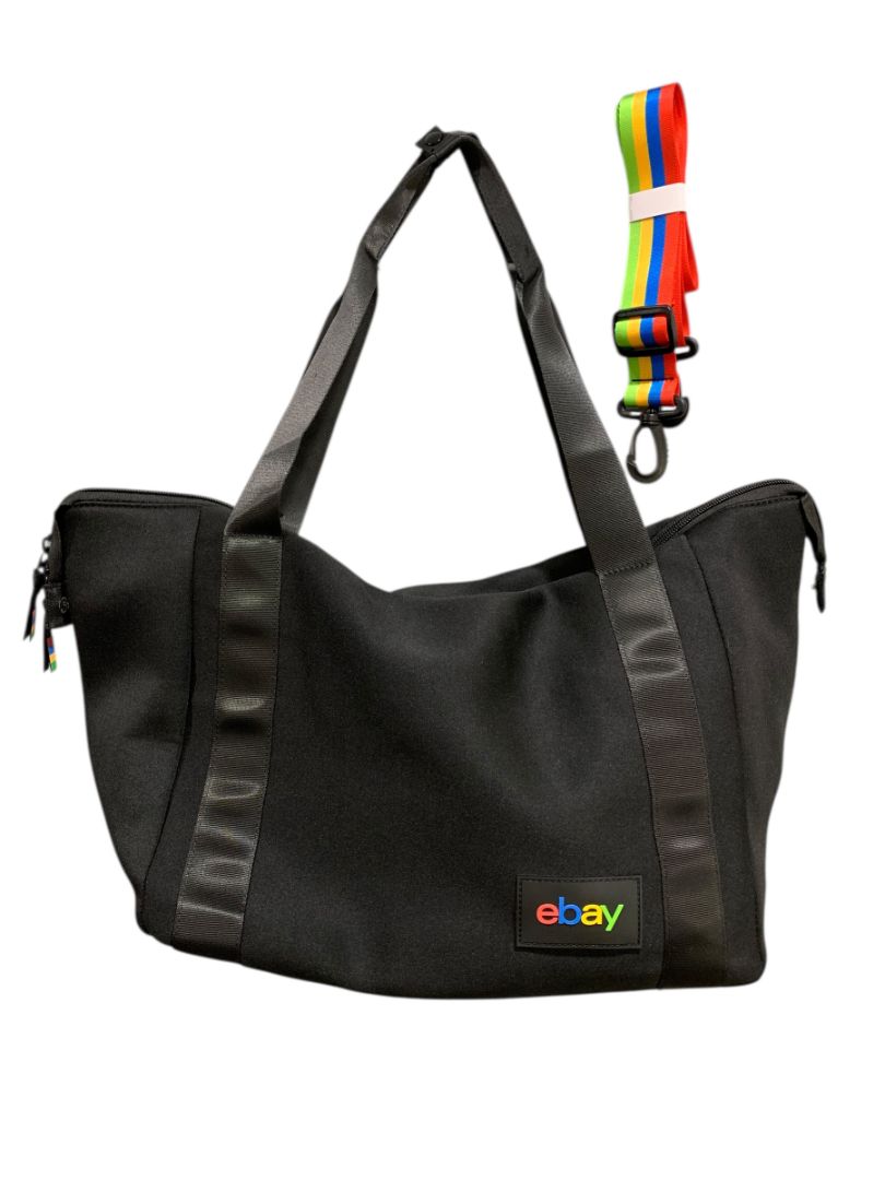 Ebay Branded Black Neoprene Tote Travel Bag 22 x 14x 7  Bag Rainbow Strap New