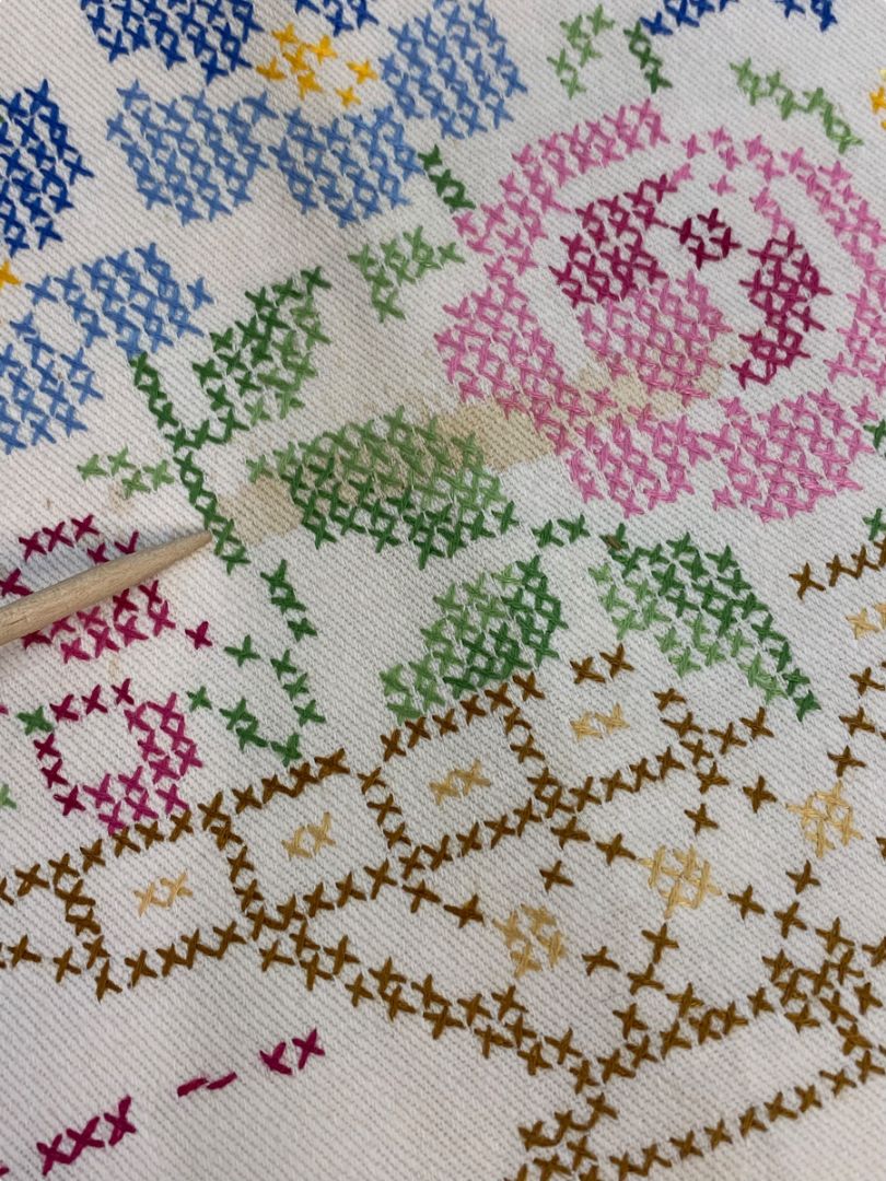 Vintage Cross Stitch Table Runner Floral Staining 17" x 42"