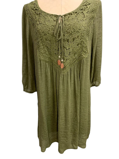 XL Indigo Rose Womens Boho Shift Dress Olive Green