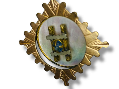 Vintage Metal Pendant Pin Brass Mother of Pearl Dimensional 1.5"
