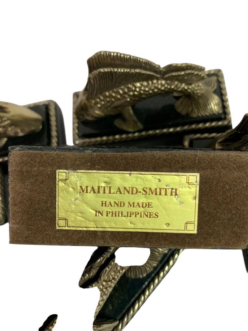 Set of 4 Maitland-Smith Handmade Placecard Name Holders Fish Marble Brass