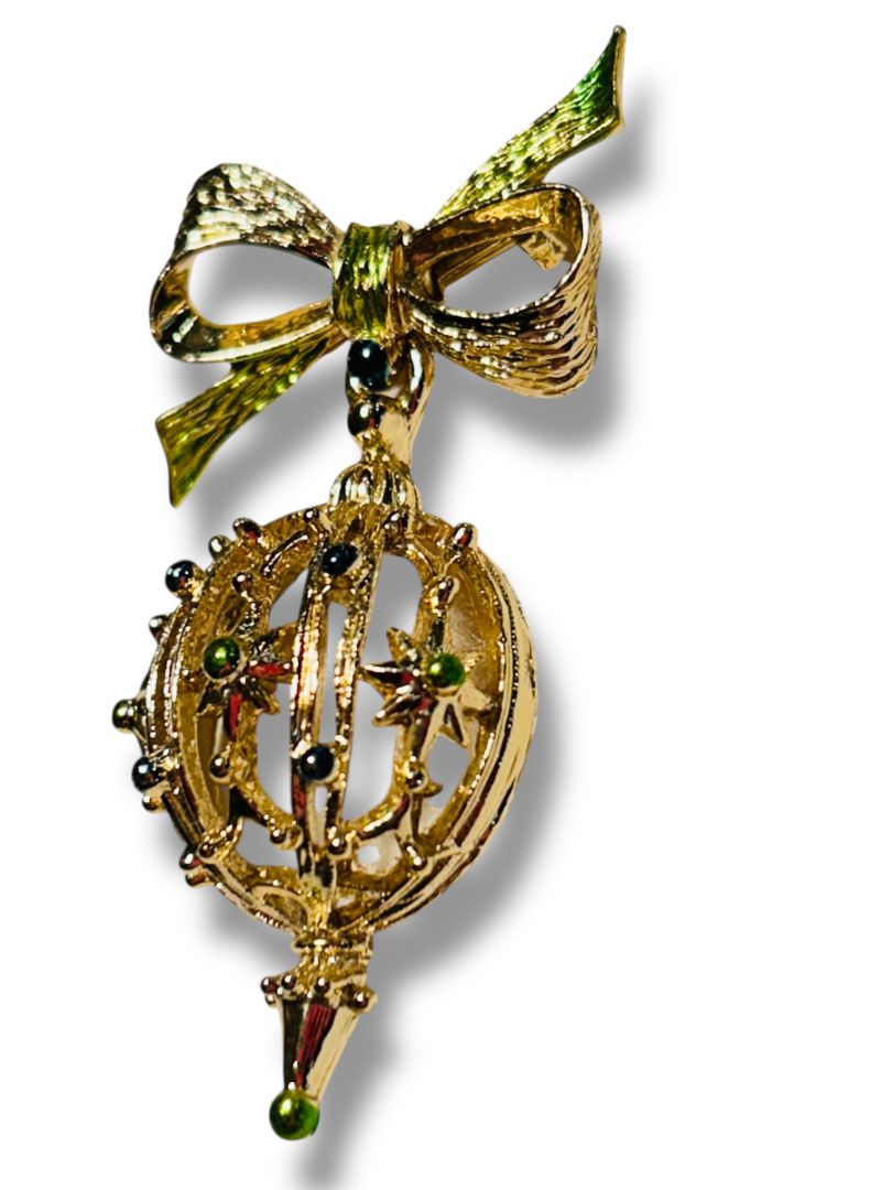 Vintage Goldtone Ornament Ball Brooch Pin 2.25" Green Blue
