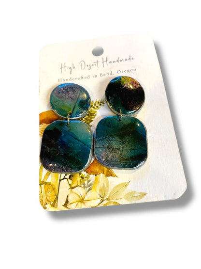 Handmade Resin Earrings High Desert Green Blue Post Pierced 1.75" Drop New