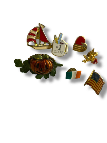 Lot of 7 Lapel Pins USA Ireland Sailboat Fall Cupid Staff Care