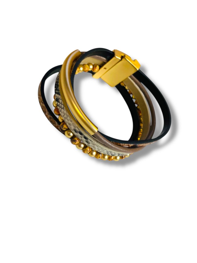 Magnetic Closure Cuff Multi Leather Beaded Bracelet 7.5"