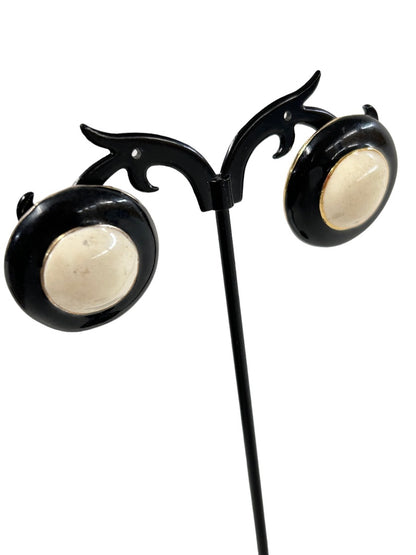 1980s Round Enameled Ivory and Black 1" Diameter Pierced Earrings