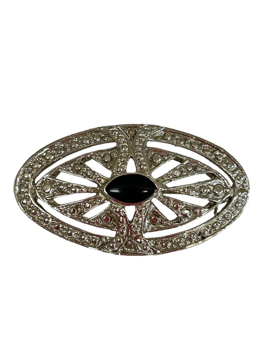 Vintage Silvertone Oval Brooch 1.75" Textured Black Jewel