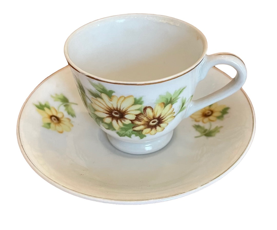 Vintage Japan Porcelain Yellow Daisy Petite Cup and Saucer Set