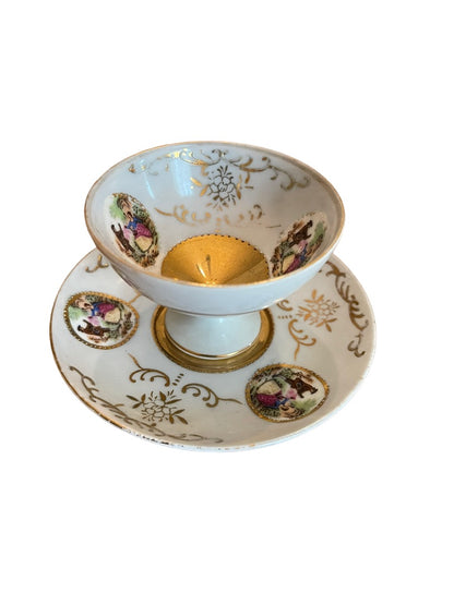 Porcelain with Gold Trim Footed Demitasse Cup and Saucer Set Maruei Courting Couple