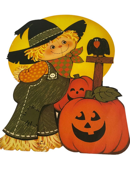 Vintage Hallmark Halloween Cardboard Cut Out Scarecrow Crow Jack O Lantern
