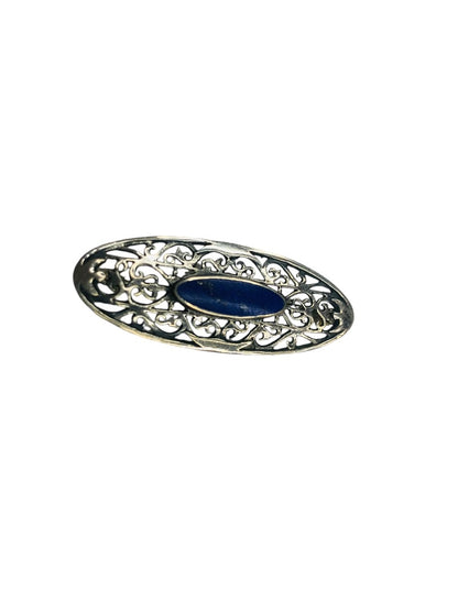 Signed Boma Sterling Silver Lapis Lazuli Fiigree Brooch Pin  Vintage 1.75"